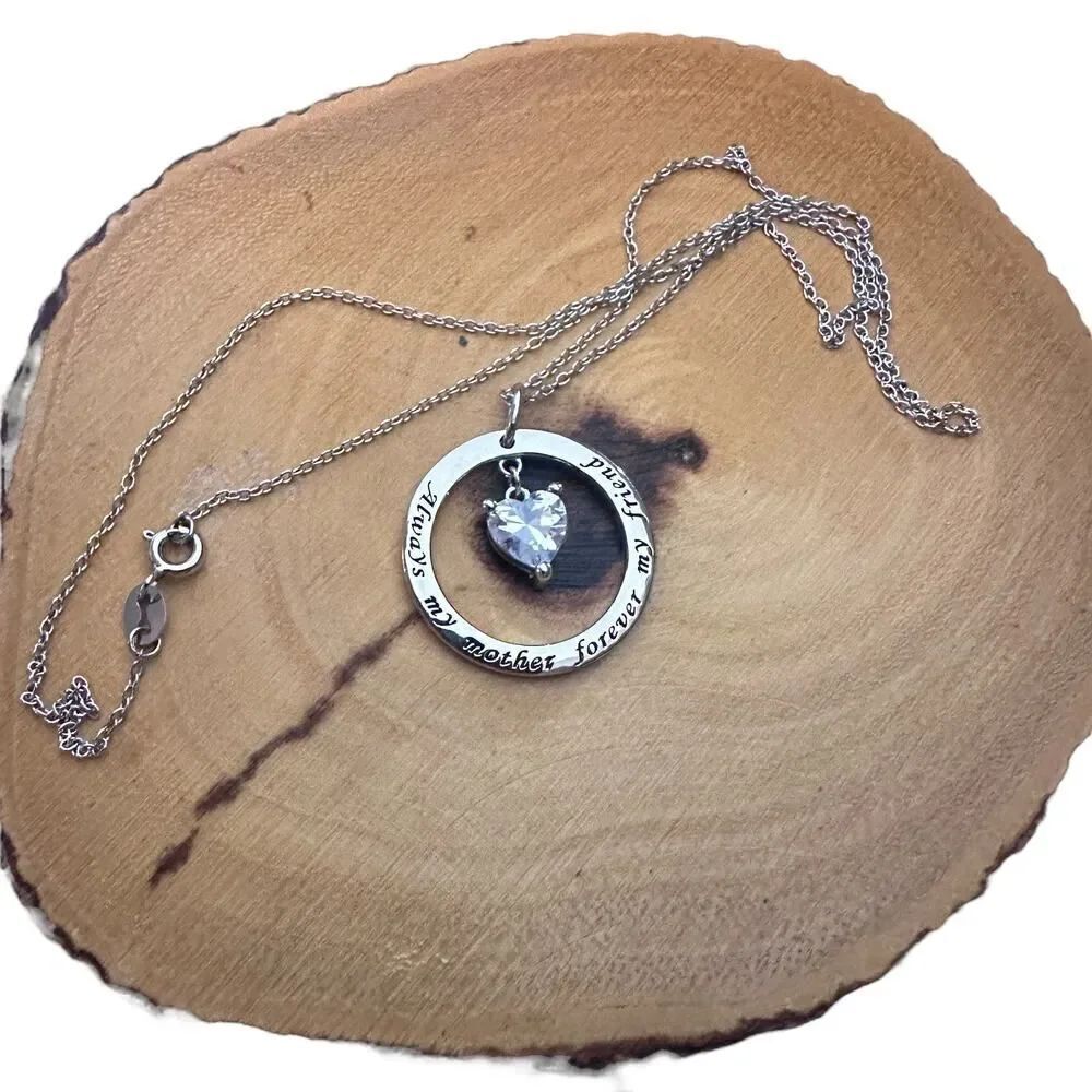 Always My Mother Forever My Friend Sterling Silver Heart CZ Necklace